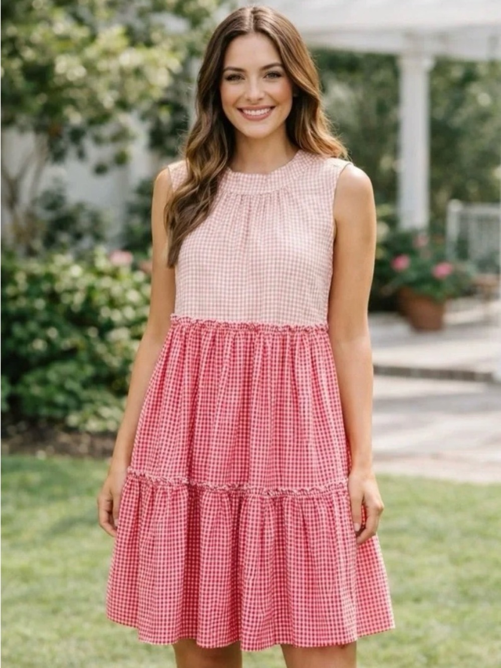 English Factory Pink Gingham Tiered Dress NWT